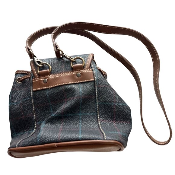Vintage Esprit Plaid Mini Backpack Navy Brown Hobo Bag Crossbody Removable Strap - Picture 5 of 7